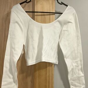 Cream Fitted Crop Blouse with Long Sleeves